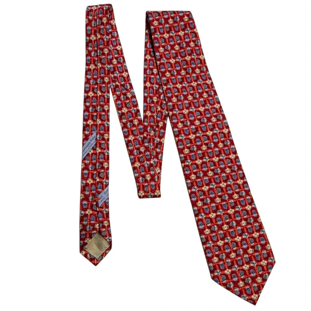 Luxury Ermenegildo Zegna Red Geometric Floral 100% Silk Italian Designer Tie